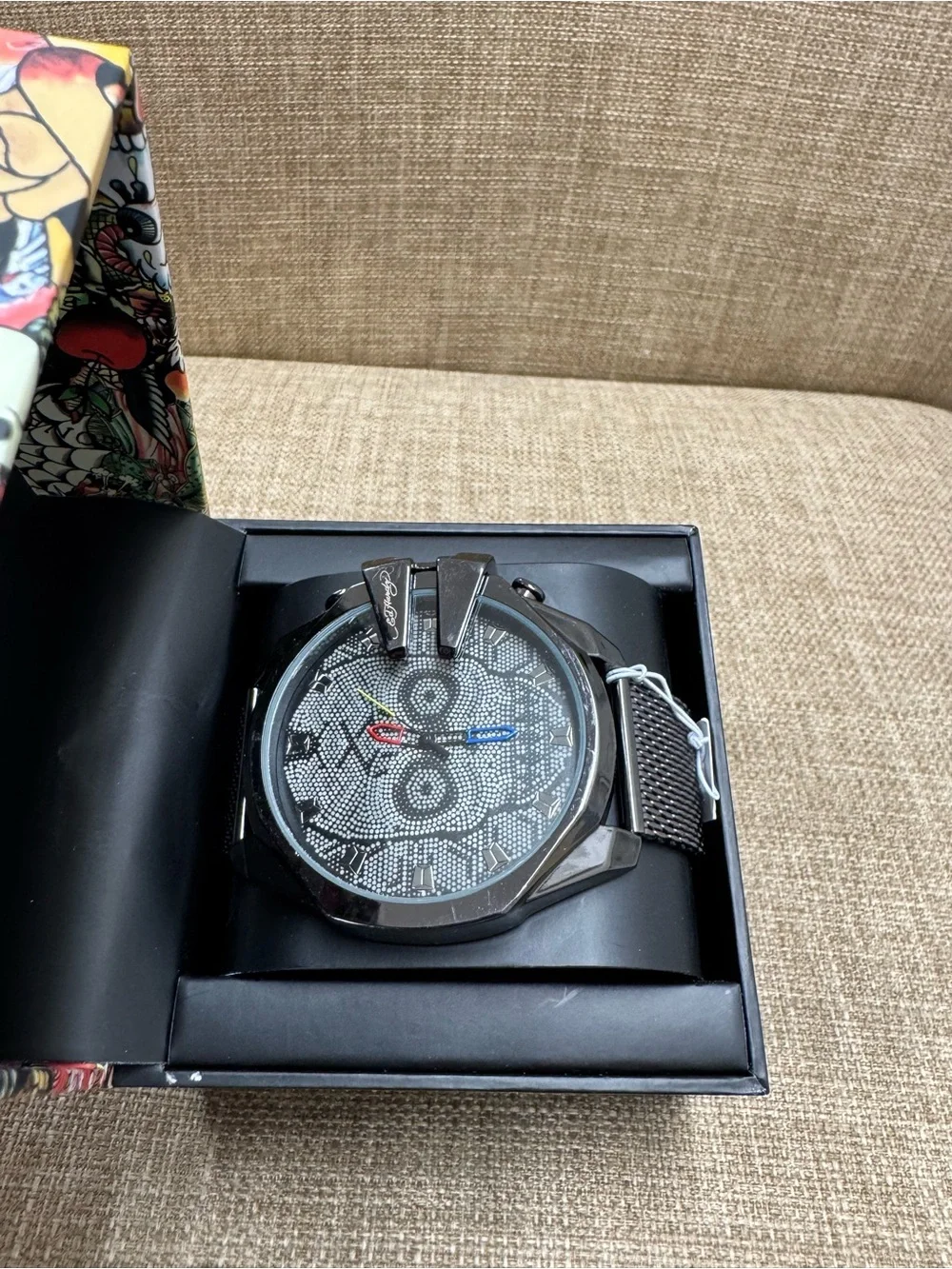 Ed Hardy Men’s Quartz Skull Dial Watch Black Mesh Band 46mm 30m Box……Retails $95